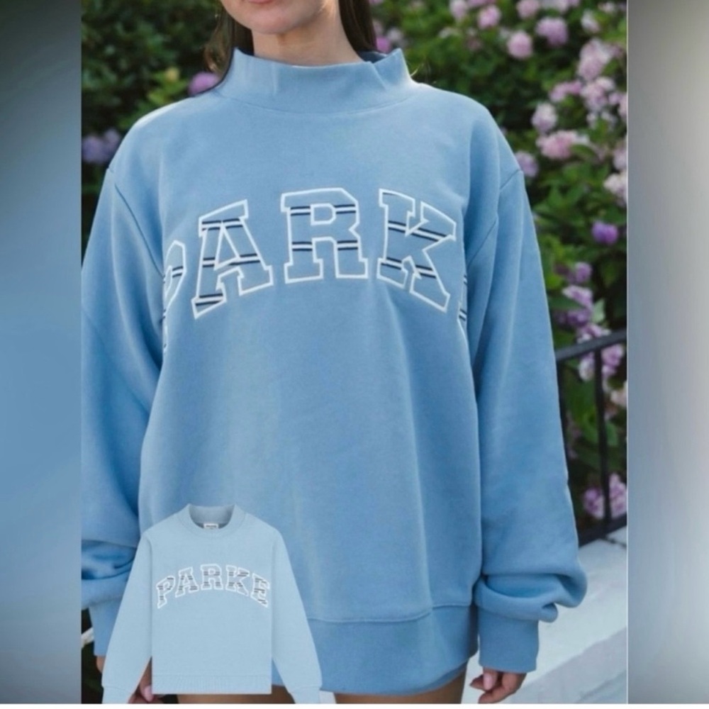 RARE Parke Maggie &Emma Heritage Varsity Mockneck Sweatshirt Sky Blue Size S/M - Picture 2 of 5